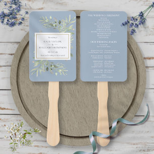 Dusty Blue Greenery Wedding Program Hand Fan