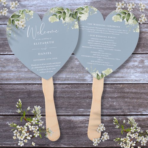 Dusty Blue Greenery Wedding Program Heart Hand Fan