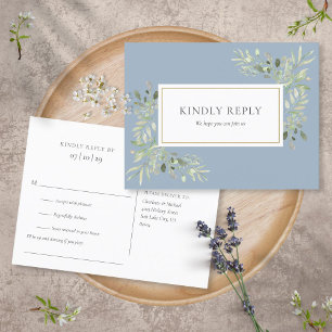 Dusty Blue Greenery Wedding RSVP Postcard
