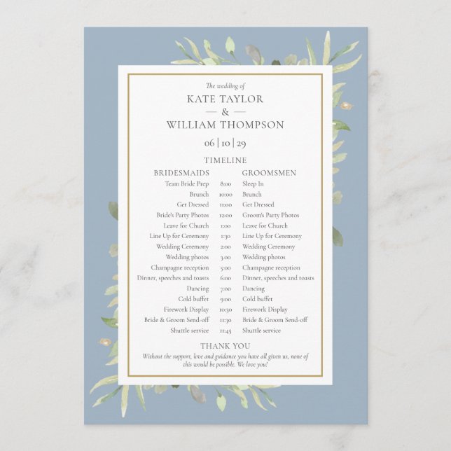 Dusty Blue Greenery Wedding Schedule Timeline Program (Front)