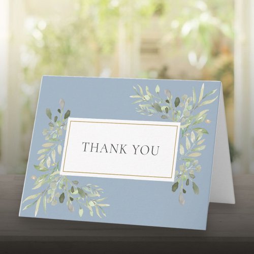 Dusty Blue Greenery Wedding Thank You Card