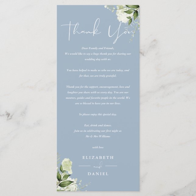 Dusty Blue Greenery Wedding Thank You Place Card (Front)