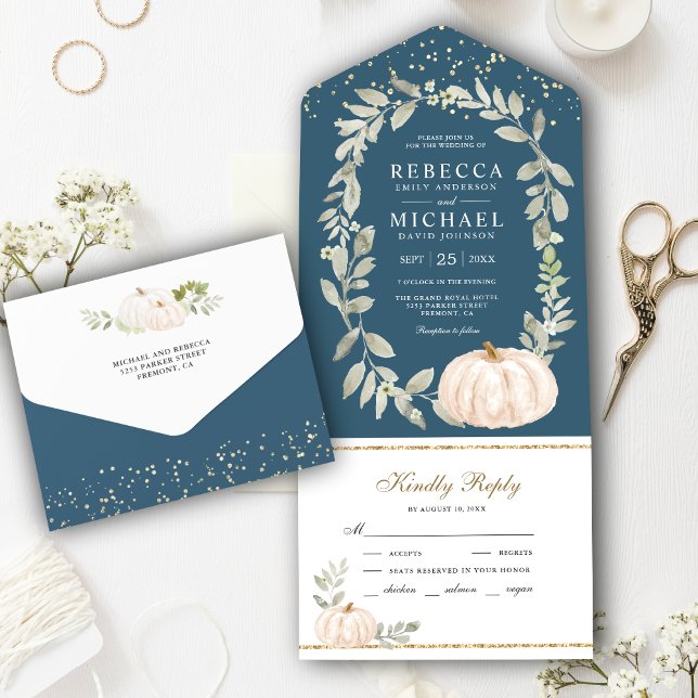 Dusty Blue Greenery White Pumpkin Fall Wedding All In One Invitation (Creator Uploaded)
