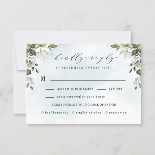 Dusty Blue Greenery  with Meal Choice Boho Wedding RSVP Card - This design is available with two different dusty blue shades.  One option is more dustier than the other and leans towards a gray-dusty blue.  This one that you are currently viewing leans more towards blue for the watercolor splashes.  Compare each on-screen preview for a perfect match when it comes to your wedding shade since there are different variations of this popular color.  Design features a bouquet of watercolor greenery, eucalyptus and a succulent over a dusty blue watercolor splash. Design also features specks of painted (printed) gold and green.  This is a direct link to the full collection that has all matching watercolor splashes in this shade: https://bit.ly/396usk1