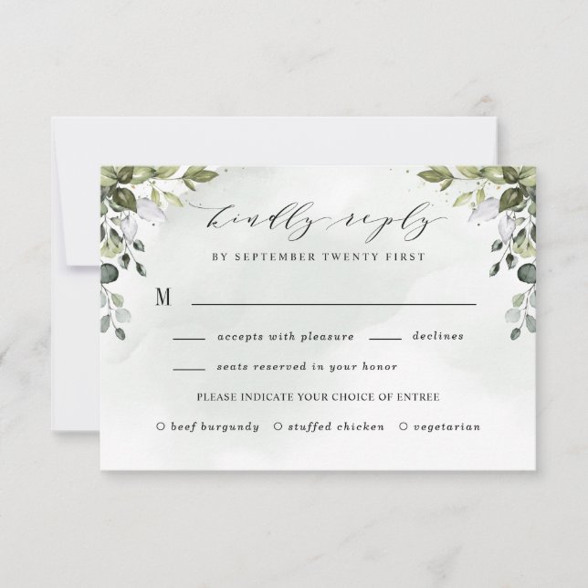 Dusty Blue Greenery  with Meal Choice Boho Wedding RSVP Card (Front)