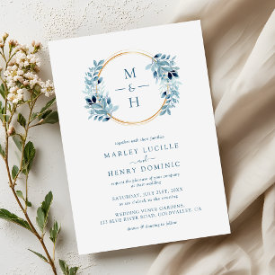 Dusty Blue Greenery Wreath Monogram Wedding Invitation