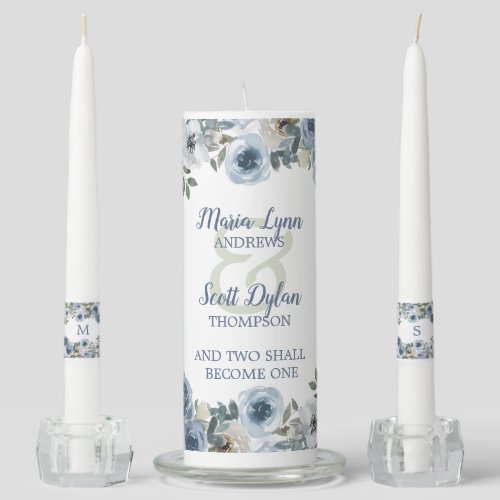 Dusty Blue Grey Floral Bride and Groom  Unity Candle Set