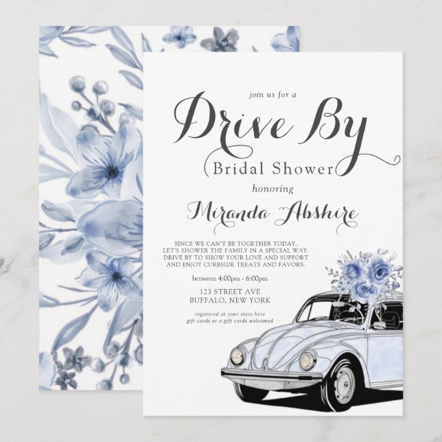 Dusty Blue Grey Floral Car Drive By Bridal Shower Invitation (Front/Back)