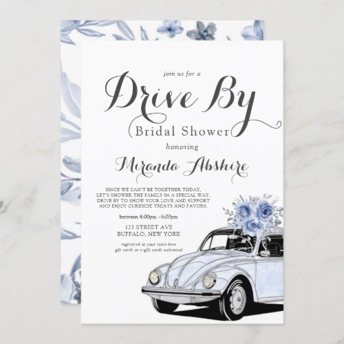 Dusty Blue Grey Floral Car Drive By Bridal Shower Invitation