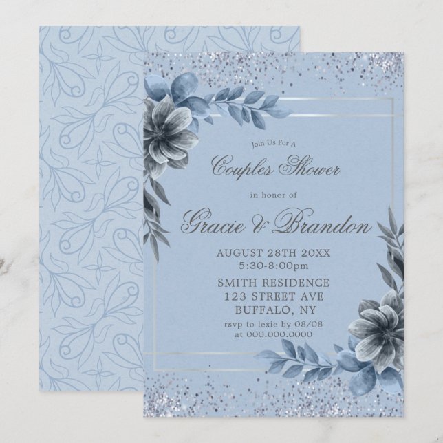 Dusty Blue Grey Floral Couples Shower Invitations  (Front/Back)