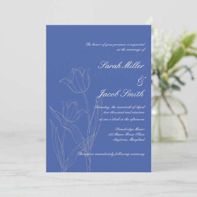 Dusty Blue & Grey Minimalist Tulip Wedding Invitation (Standing Front)