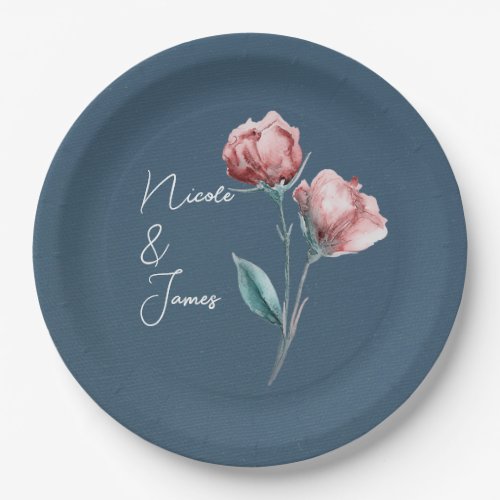 Dusty Blue Grey Modern Watercolor Floral Wedding Paper Plates