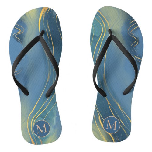 Dusty Blue Grey Monogram Wavy Gold Line Abstract Flip Flops