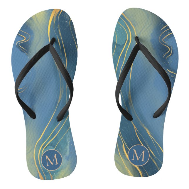 Dusty Blue Grey Monogram Wavy Gold Line Abstract Flip Flops (Footbed)