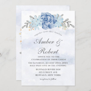 Dusty Blue Grey Painted Peony Wedding Invitations
