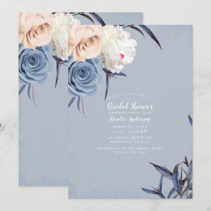 Dusty Blue Grey & Peach Floral Bridal Shower Invitation