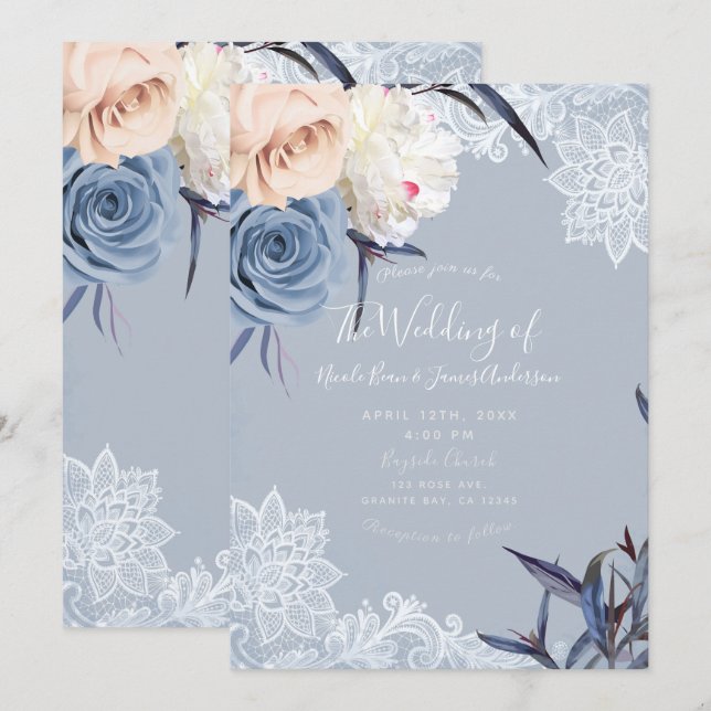 Dusty Blue Grey & Peach Floral Lace Wedding Invitation (Front/Back)