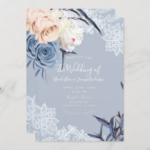 Dusty Blue Grey & Peach Floral Lace Wedding Invitation
