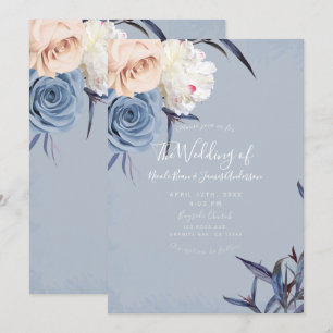 Dusty Blue Grey & Peach Floral Wedding Invitation