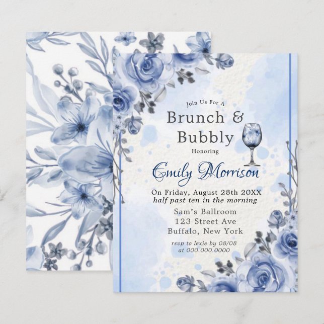 Dusty Blue Grey Peony Brunch & Bubbly Invitation (Front/Back)