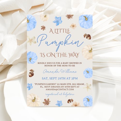 Dusty Blue Grey Pumpkin Fall Boy Baby Shower Invitation