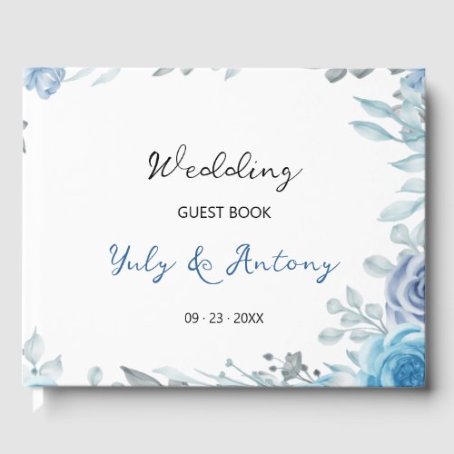 Dusty Blue Grey Watercolor Botanical Floral Guest Book