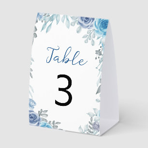 Dusty Blue Grey Watercolor Floral Table Number Paper Table Tent