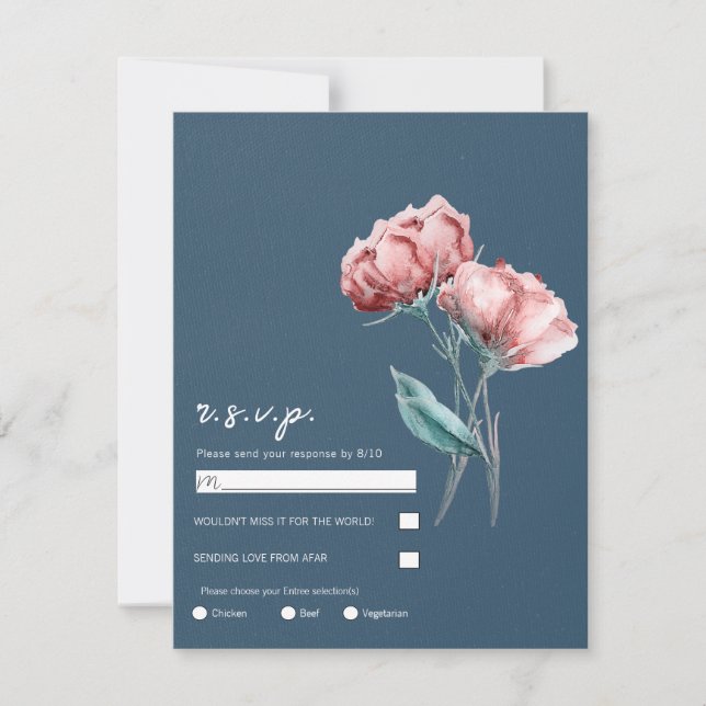 Dusty Blue Grey Watercolor Floral Wedding RSVP  Invitation (Front)