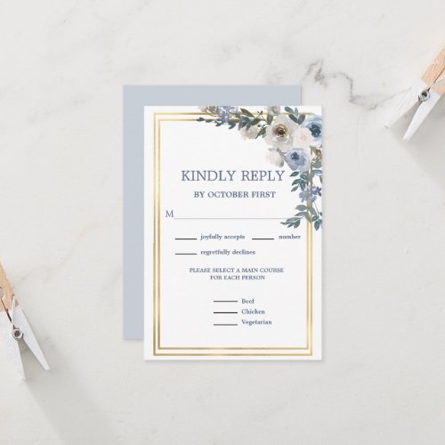 Dusty Blue Grey White Floral Meal Options RSVP   Invitation