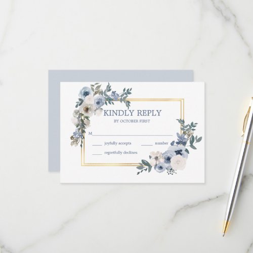 Dusty Blue Grey White Floral Watercolor RSVP Card