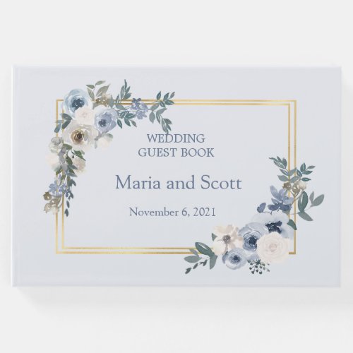 Dusty Blue Grey White Floral Watercolors  Guest Book