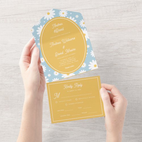 Dusty Blue Groovy Daisy 70s Bright Yellow Wedding All In One Invitation