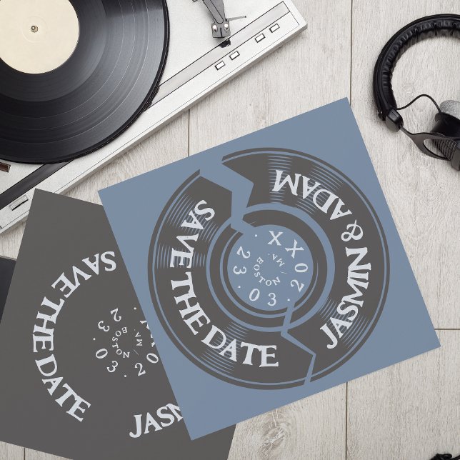 Dusty Blue Groovy Vinyl Record Wedding Save The Date (Creator Uploaded)