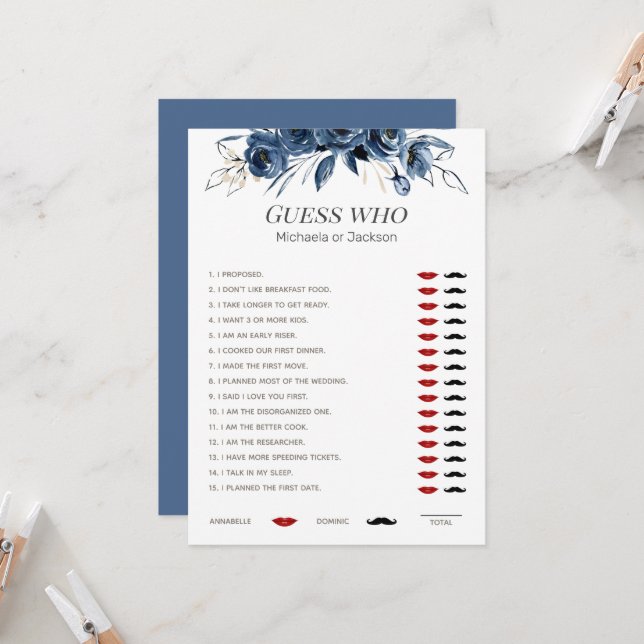 Dusty blue Guess Who Floral Bridal Shower Game  Invitation (Front/Back In Situ)
