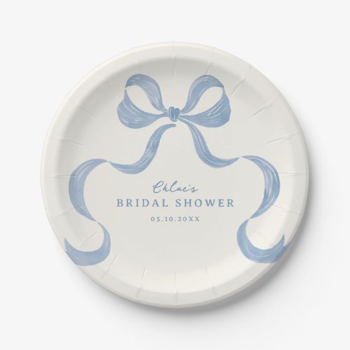 Dusty Blue Hand Drawn Bow Bridal Shower Paper Plates