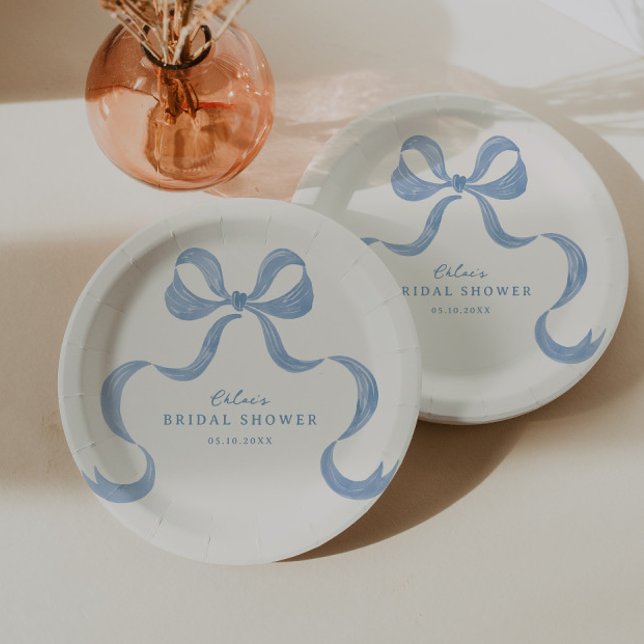 Dusty Blue Hand Drawn Bow Bridal Shower Paper Plates (Creator Uploaded)