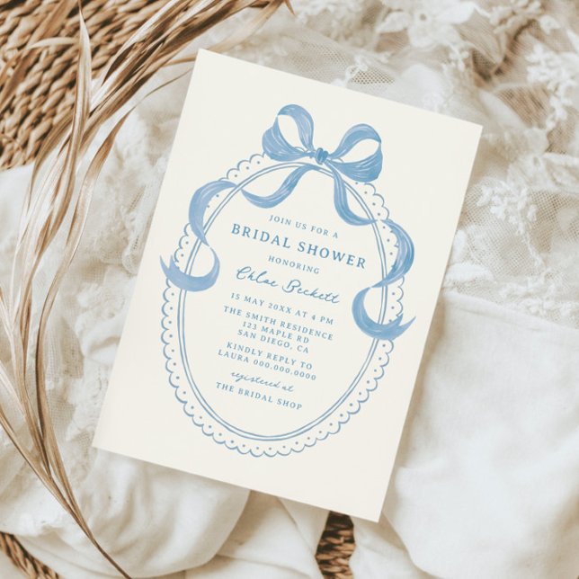 Dusty Blue Hand Drawn Bow Frame Bridal Shower Invitation (Creator Uploaded)