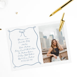 Dusty Blue Hand Drawn Bow Photo Graduation Party Invitation