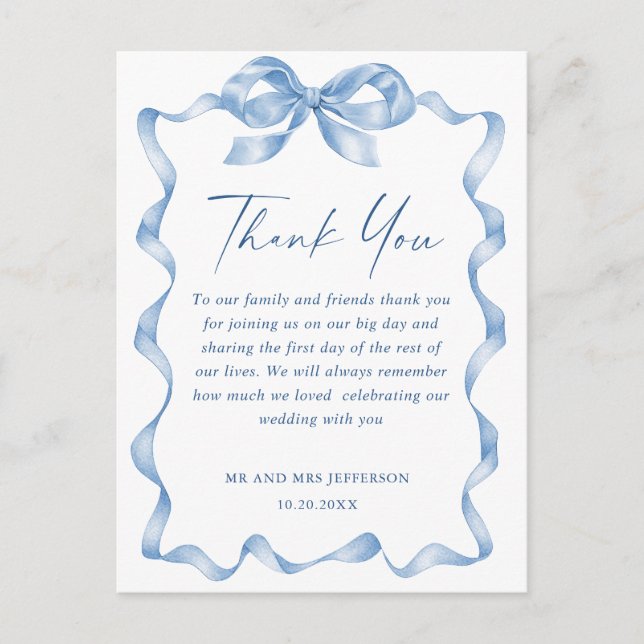 Dusty Blue Hand Drawn Bow Wedding Thank You Postcard (Front)