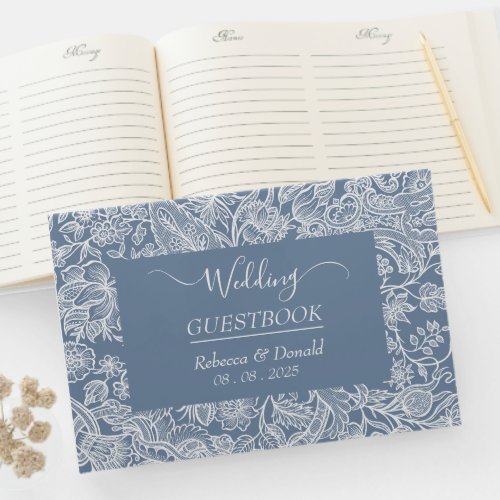 Dusty Blue Hand Drawn Chinoiserie Floral   Guest Book