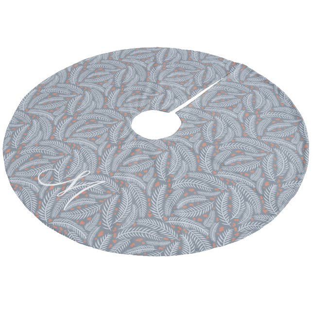 Dusty Blue Hand-drawn Christmas Pine Tree Monogram Fleece Tree Skirt (Angled)