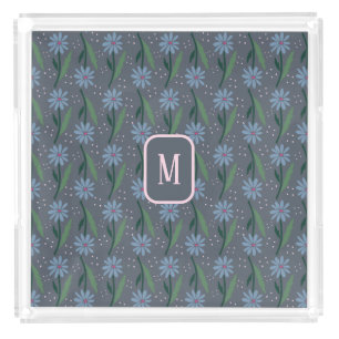 Dusty Blue Hand-Drawn Floral Retro Daisy Monogram Acrylic Tray