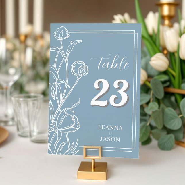 Dusty Blue Hand Drawn Floral Wedding  Table Number (Dusty Blue Hand Drawn Wildflower Floral Table Number)