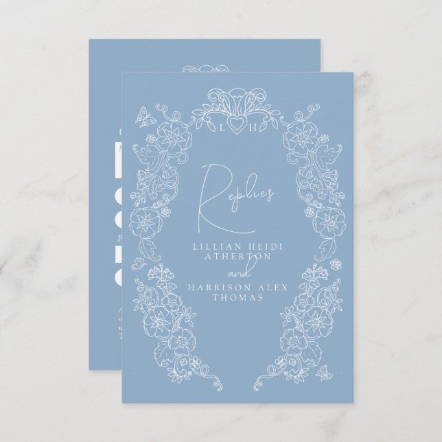 Dusty blue hand drawn leaf monogram RSVP wedding (Front/Back)