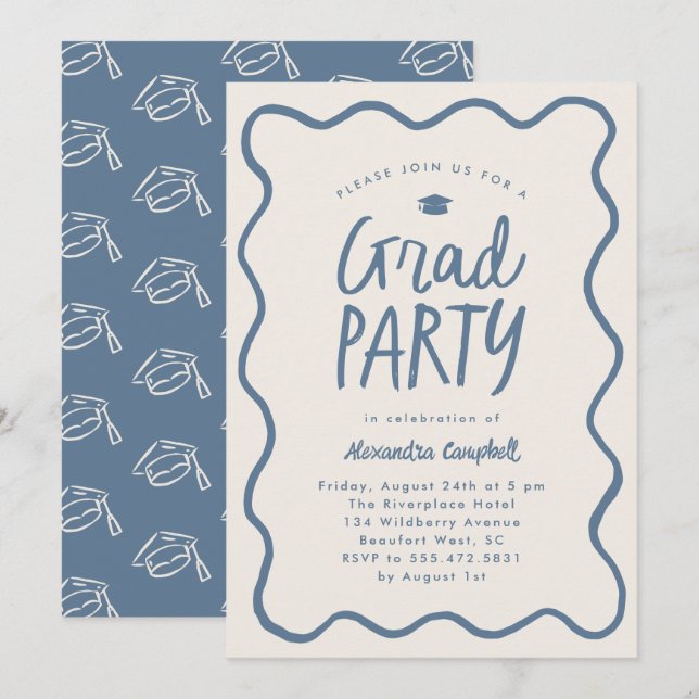 Dusty Blue Hand Drawn Squiggle Graduation Party Invitation (Front/Back)