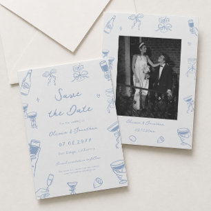 Dusty Blue Hand Drawn Wedding Save the Date Photo Invitation