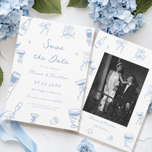 Dusty Blue Hand Drawn Wedding Save the Date Photo Invitation