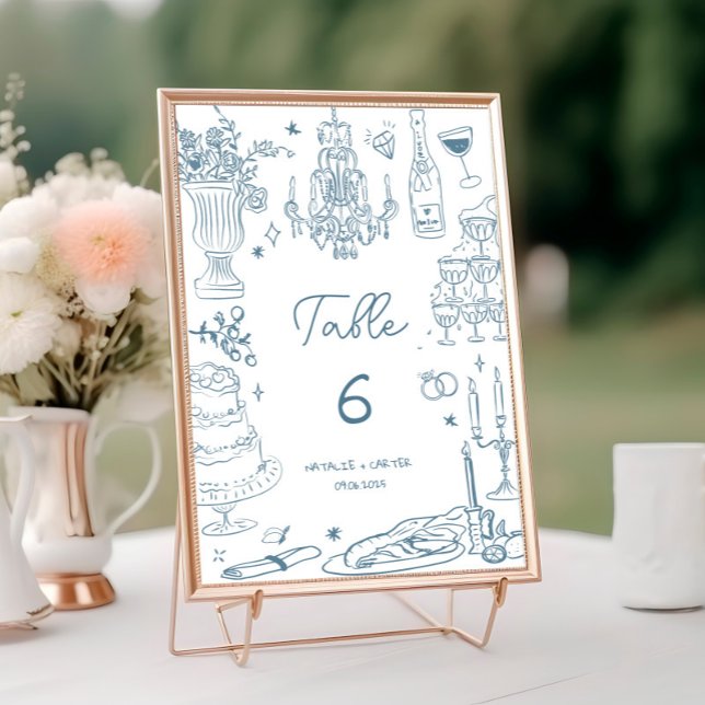 Dusty Blue Hand Drawn Whimsical Wedding Table Number (Creator Uploaded)