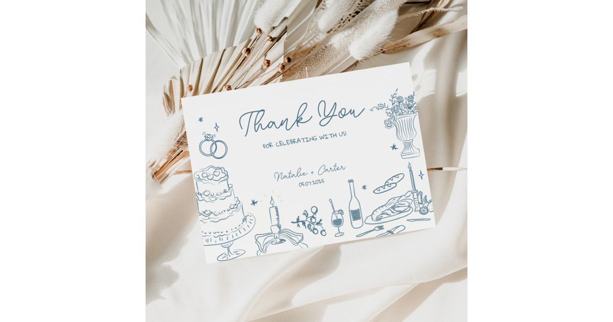 Dusty Blue Hand Drawn Whimsical Wedding Thank You Enclosure Card | Zazzle