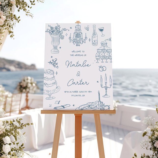 Dusty Blue Hand Drawn Whimsical Wedding Welcome Faux Canvas Print (Creator Uploaded)